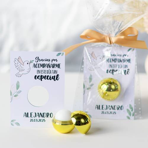 Bálsamo labial personalizado con tarjeta para comunión "Modelo Paloma" - Bálsamos Labiales Personalizados Comunión