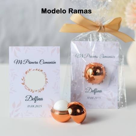 Bálsamo labial personalizado con tarjeta para comunión "Modelo Ramas" - Bálsamos Labiales Personalizados Comunión