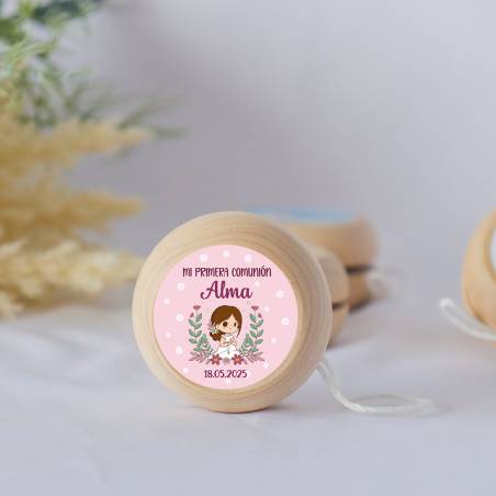 Yoyo pegatina personalizada "Modelo Puntos Rosas" para niña comunión - Yoyo personalizado comunión