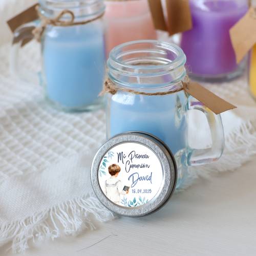Vela personalizada en jarrita "Modelo Acuarela Niño" Detalles comunión - Velas personalizadas comunión