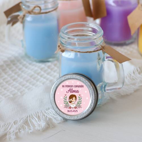 Vela personalizada en jarrita "Modelo Puntos Rosas" Detalles comunión - Velas personalizadas comunión