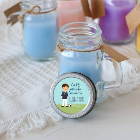 Vela personalizada en jarrita "Modelo Fútbol" Detalles comunión - Velas personalizadas comunión