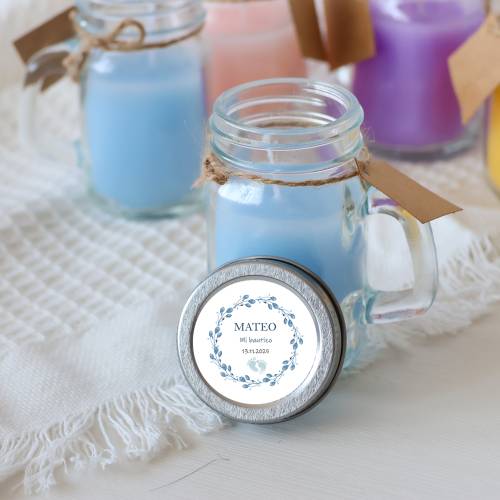Vela personalizada en jarrita "Modelo Huellas Niño" Detalles bautizo - Velas personalizadas de bautizo