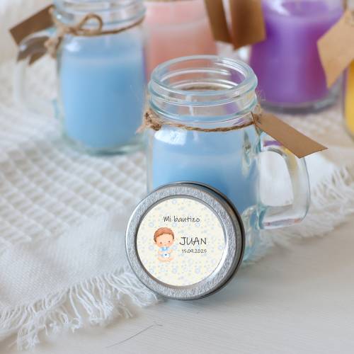 Vela personalizada en jarrita "Modelo Bebé Niño" Detalles bautizo - Velas personalizadas de bautizo