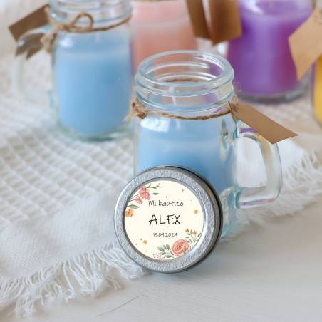 Vela personalizada en jarrita "Modelo Flores" Detalles bautizo - Velas personalizadas de bautizo