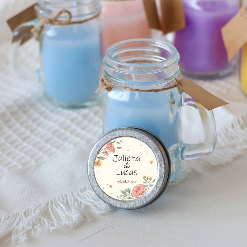 Vela personalizada en jarrita "Modelo Paz" Detalles boda - Velas personalizadas boda