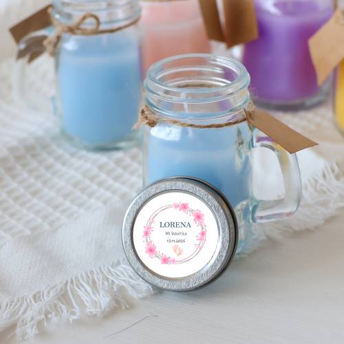 Vela personalizada en jarrita "Modelo Huellas Niña" Detalles bautizo - Velas personalizadas de bautizo