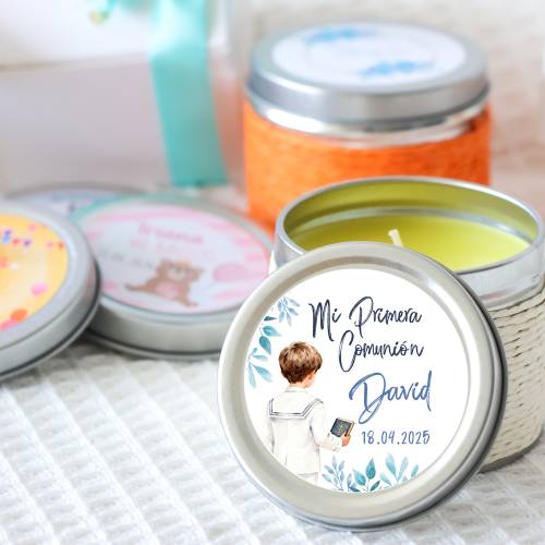 Vela personalizada aromática "Acuarela Niño" detalles comunión - Velas personalizadas comunión