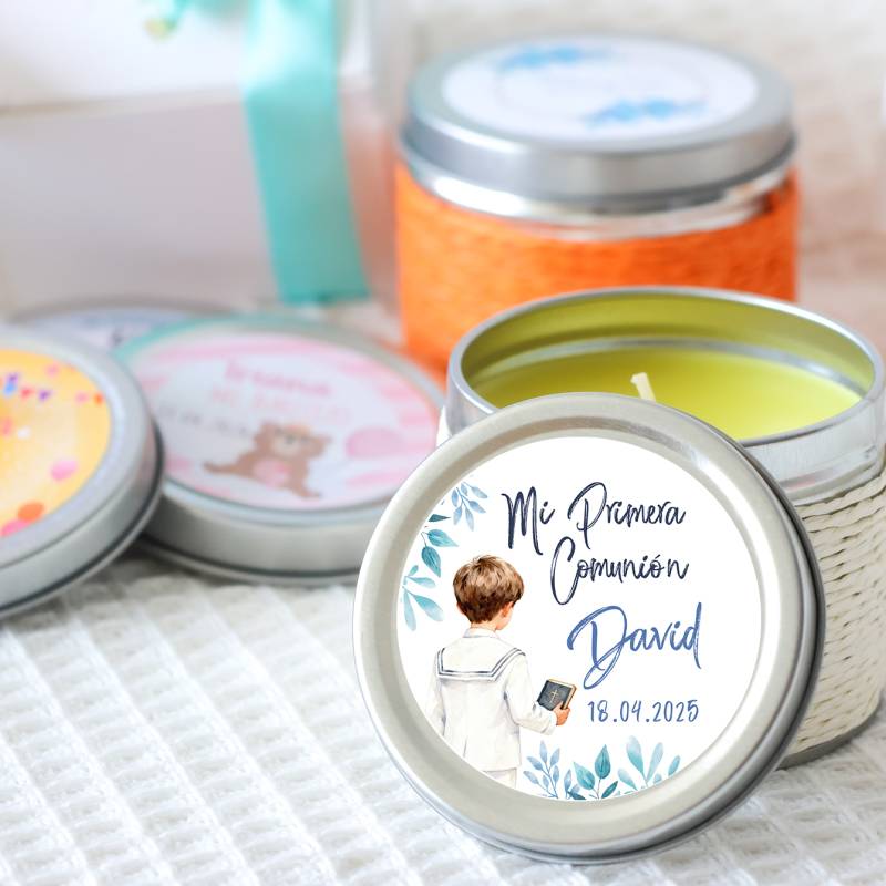 Vela personalizada aromática "Acuarela Niño" detalles comunión - Velas personalizadas comunión