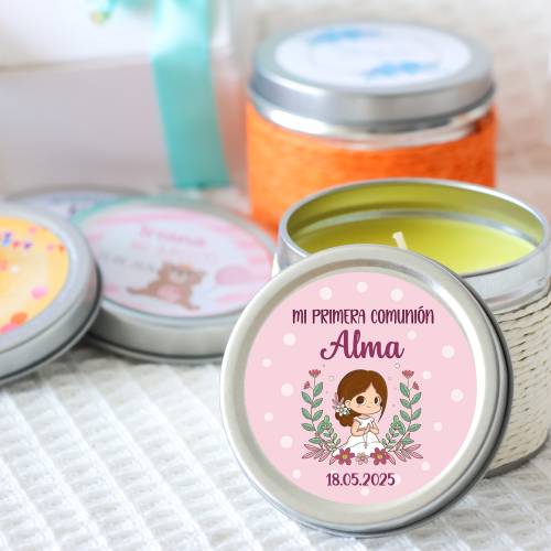 Vela personalizada aromática "Puntos Rosas" detalles comunión - Velas personalizadas comunión