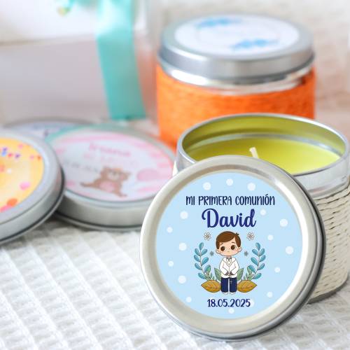 Vela personalizada aromática "Puntos Azules" detalles comunión - Velas personalizadas comunión
