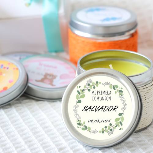 Vela personalizada aromática "Arco Ramas" detalles comunión - Velas personalizadas comunión