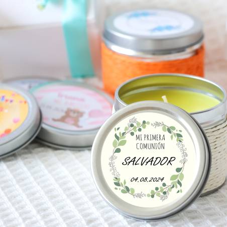 Vela personalizada aromática "Arco Ramas" detalles comunión - Velas personalizadas comunión