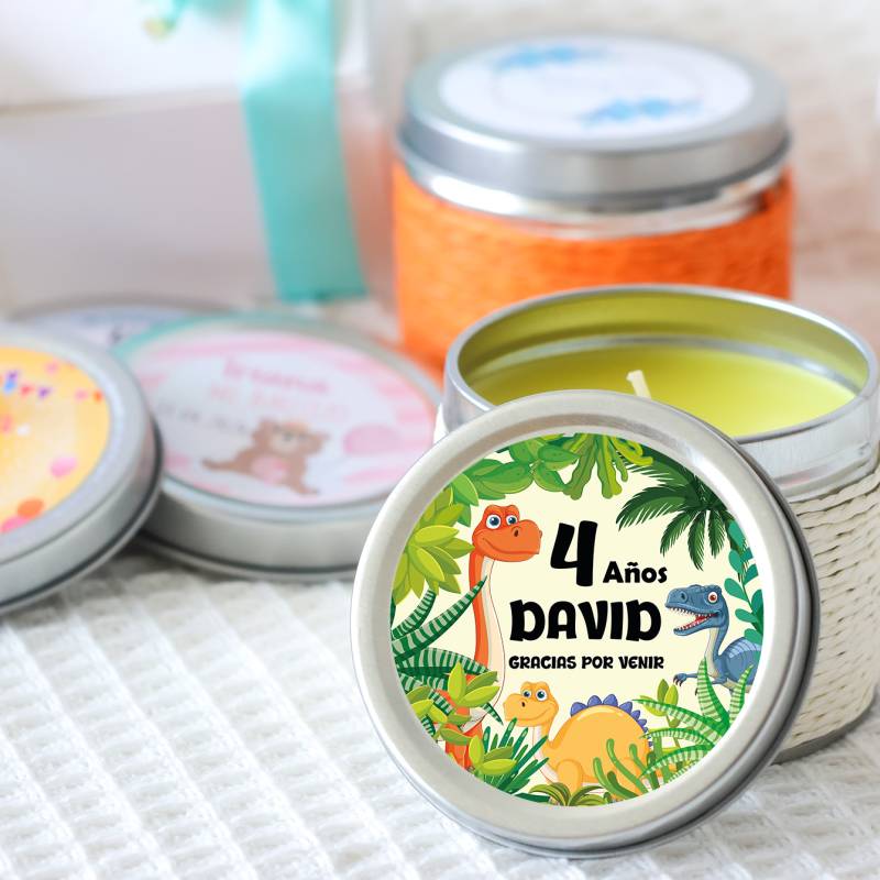 Vela personalizada aromática "Dinosaurios" detalles cumpleaños - Velas personalizadas de cumpleaños