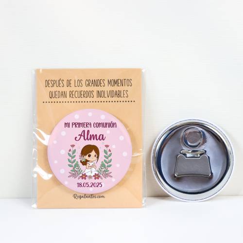 Abridor con imán personalizado "Puntos Rosas" detalles comunión - Abridor Imán Personalizado Comunión