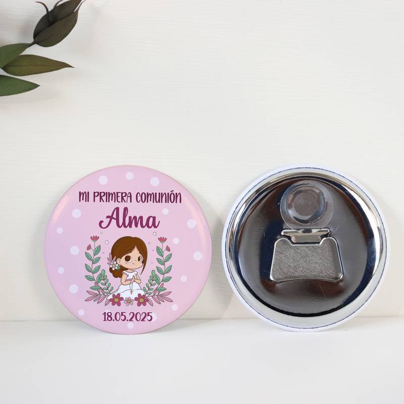 Abridor con imán personalizado "Puntos Rosas" detalles comunión - Abridor Imán Personalizado Comunión