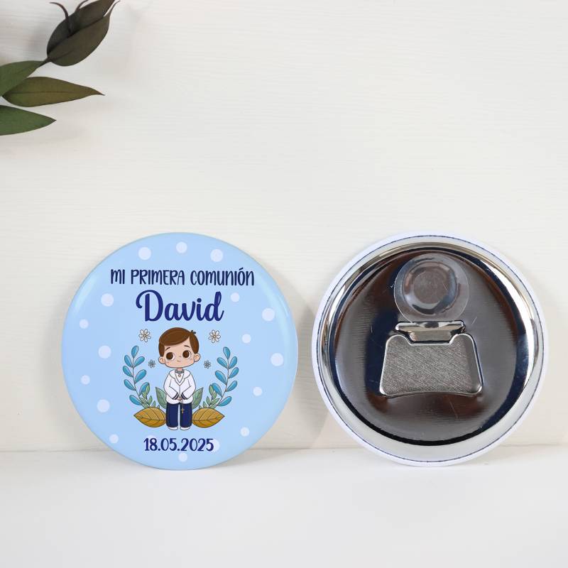 Abridor con imán personalizado "Puntos Azules" detalles comunión - Abridor Imán Personalizado Comunión