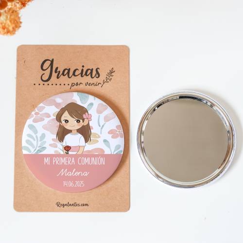 Espejo personalizado chapa "Flores" detalles comunión - Chapas Espejos Personalizados Comunión