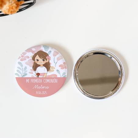 Espejo personalizado chapa "Flores" detalles comunión - Chapas Espejos Personalizados Comunión