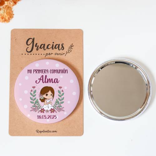 Espejo personalizado chapa "Puntos Rosas" Detalles comunión - Chapas Espejos Personalizados Comunión
