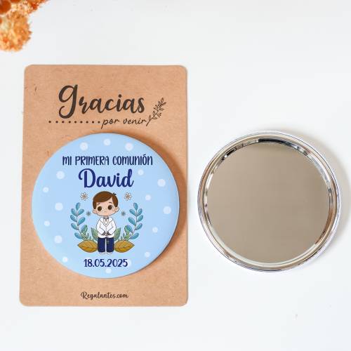 Espejo personalizado chapa "Puntos Azules" Detalles comunión - Chapas Espejos Personalizados Comunión
