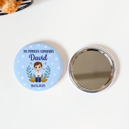 Espejo personalizado chapa "Puntos Azules" Detalles comunión - Chapas Espejos Personalizados Comunión