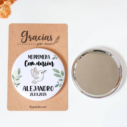 Espejo personalizado chapa "Paloma" Detalles comunión - Chapas Espejos Personalizados Comunión