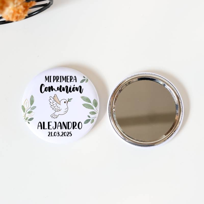 Espejo personalizado chapa "Paloma" Detalles comunión - Chapas Espejos Personalizados Comunión