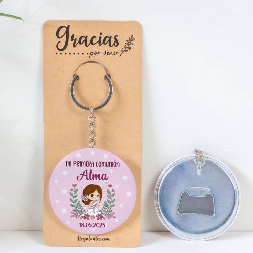 Llavero con abridor personalizado "Puntos Rosas" Detalles de comunión - Llaveros Abrebotellas Personalizados Comunión