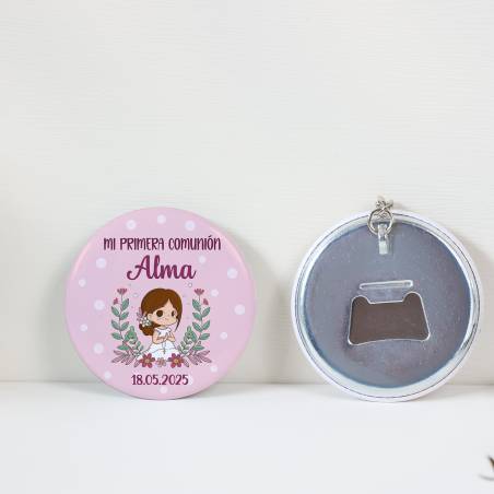 Llavero con abridor personalizado "Puntos Rosas" Detalles de comunión - Llaveros Abrebotellas Personalizados Comunión