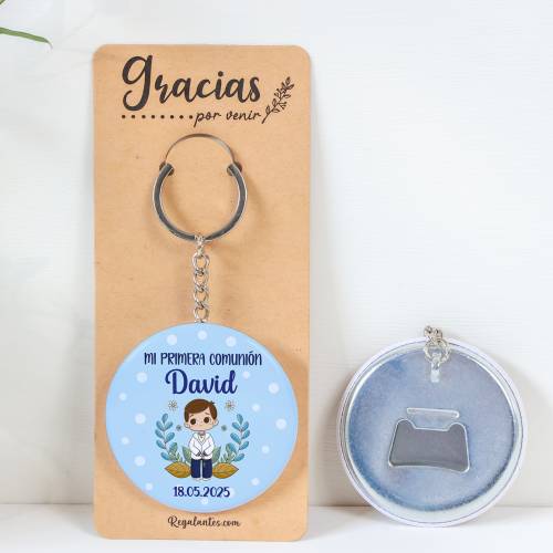 Llavero con abridor personalizado "Puntos Azules" Detalles de comunión - Llaveros Abrebotellas Personalizados Comunión