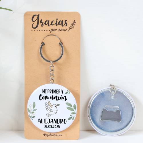 Llavero con abridor personalizado "Paloma" Detalles de comunión - Llaveros Abrebotellas Personalizados Comunión