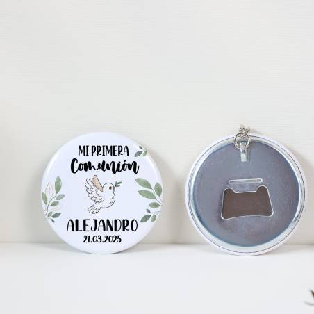 Llavero con abridor personalizado "Paloma" Detalles de comunión - Llaveros Abrebotellas Personalizados Comunión