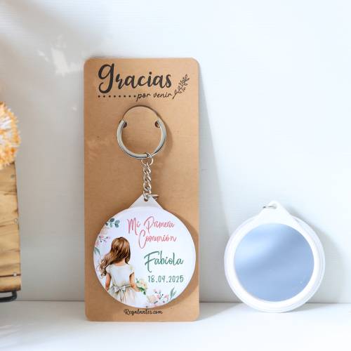 Llavero con espejo personalizado "Acuarela Niña" Detalles comunión - Llaveros Espejos Personalizados Comunión