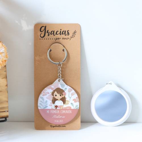 Llavero con espejo personalizado "Flores" Detalles comunión - Llaveros Espejos Personalizados Comunión