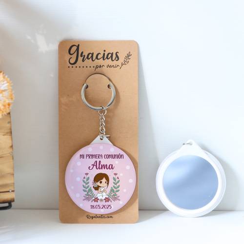 Llavero con espejo personalizado "Puntos Rosas" Detalles comunión - Llaveros Espejos Personalizados Comunión