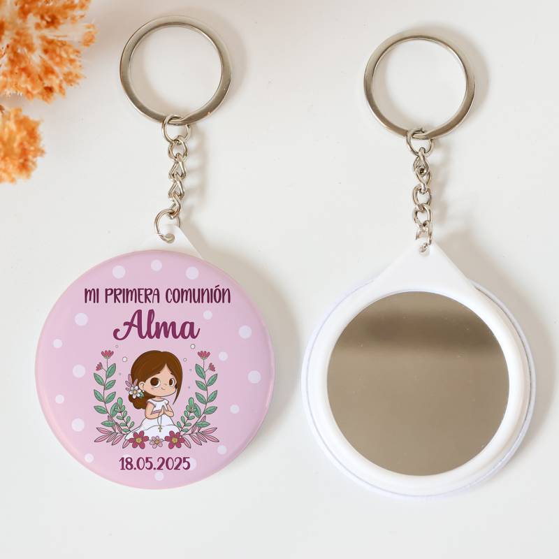 Llavero con espejo personalizado "Puntos Rosas" Detalles comunión - Llaveros Espejos Personalizados Comunión