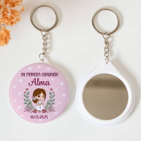 Llavero con espejo personalizado "Puntos Rosas" Detalles comunión - Llaveros Espejos Personalizados Comunión