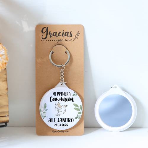 Llavero con espejo personalizado "Paloma" Detalles comunión - Llaveros Espejos Personalizados Comunión