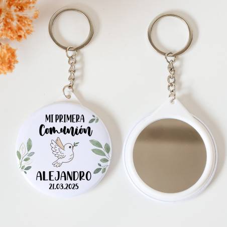 Llavero con espejo personalizado "Paloma" Detalles comunión - Llaveros Espejos Personalizados Comunión