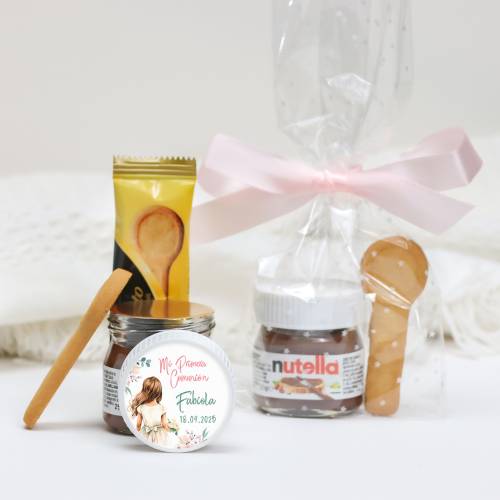 Mini Nutella personalizada 25 g con galleta "Acuarela niña" Detalles comunion - Detalles gourmet personalizados de comunión