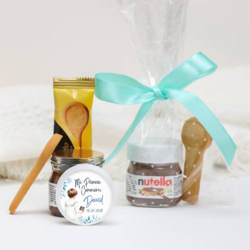 Mini Nutella personalizada 25 g con galleta "Acuarela niño" Detalles comunión - Detalles gourmet personalizados bautizo
