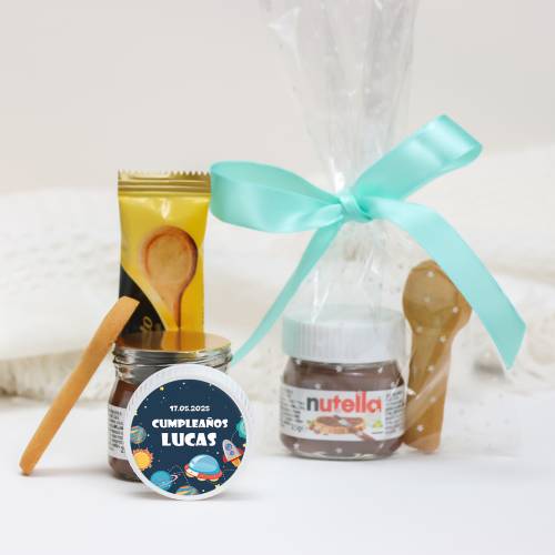 Mini Nutella personalizada 25 g con galleta "Espacio" Detalles cumpleaños - Detalles gourmet personalizados bautizo