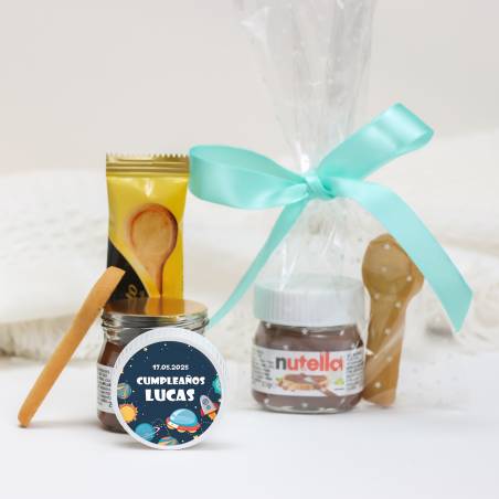 Mini Nutella personalizada 25 g con galleta "Espacio" Detalles cumpleaños - Detalles gourmet personalizados bautizo