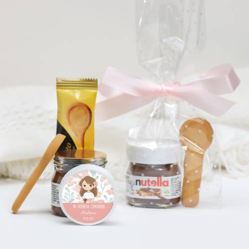 Mini Nutella personalizada con galleta "Flores" Detalles comunion - Detalles gourmet personalizados de comunión