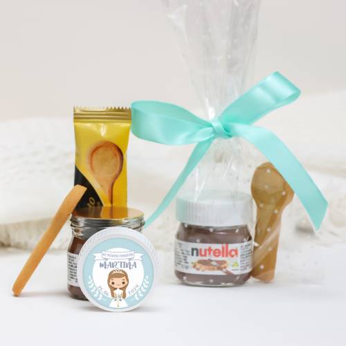 Mini Nutella personalizada con galleta "Martina azul" Detalles comunión - Detalles gourmet personalizados de comunión