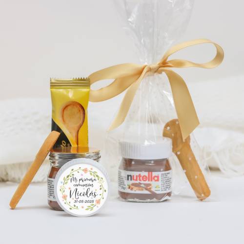 Mini Nutella personalizada con galleta "Primavera" Detalles comunion - Detalles gourmet personalizados de comunión