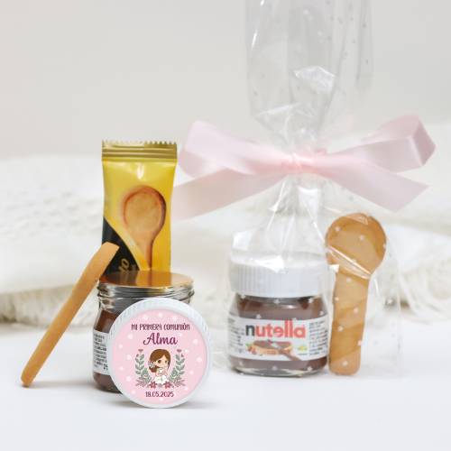 Mini Nutella personalizada con galleta "Puntos rosa" Detalles comunion - Detalles gourmet personalizados de comunión
