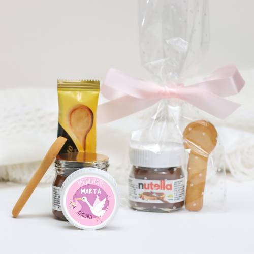 Mini Nutella personalizada con galleta "Cigüeña" Detalles bautizo - Detalles gourmet personalizados bautizo