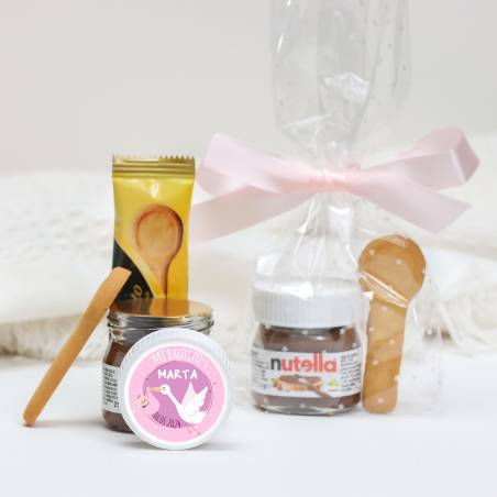 Mini Nutella personalizada con galleta "Cigüeña" Detalles bautizo - Detalles gourmet personalizados bautizo